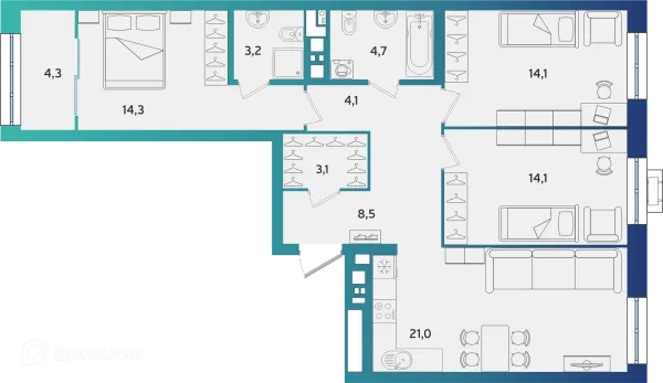 Планировка 3 комн. в ЖК Экополис