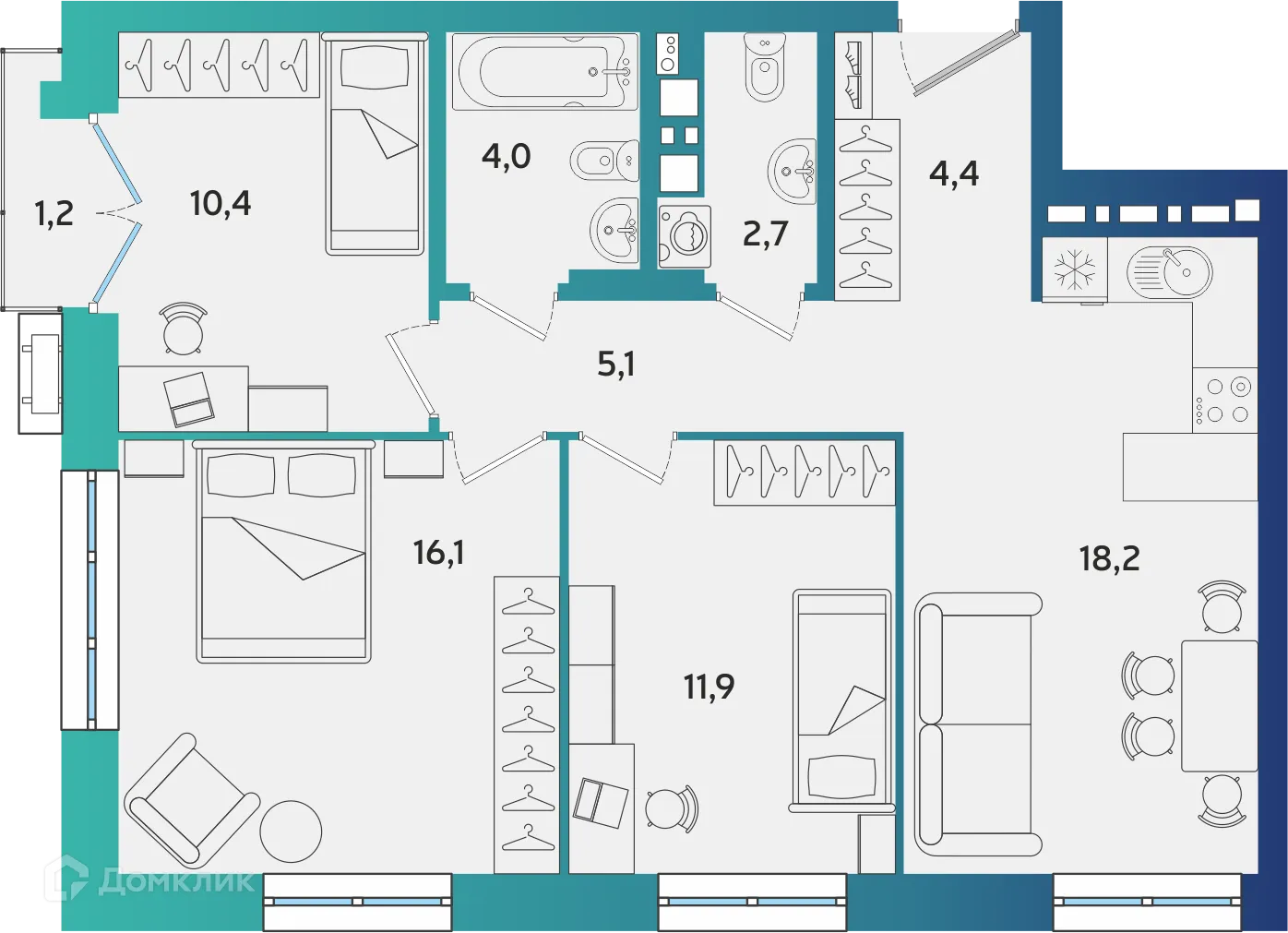 Планировка 3-комнатной квартиры 73.16 м² в ЖК Экополис, г. Альметьевск — фото 1