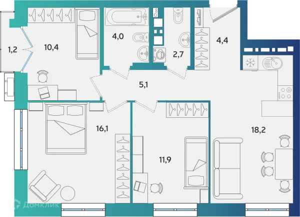 Планировка 3 комн. в ЖК Экополис