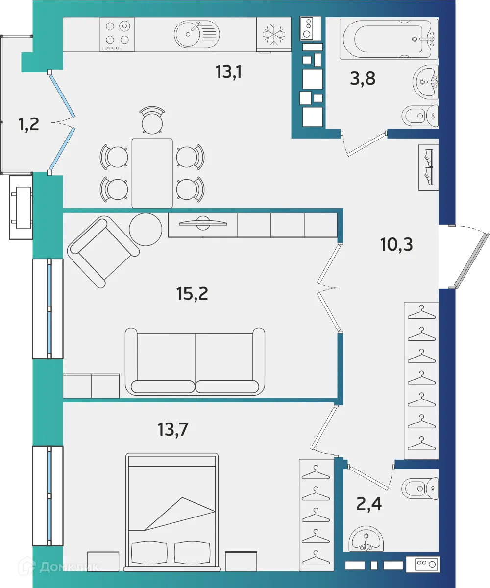 Планировка 2-комнатной квартиры 58.86 м² в ЖК Экополис, г. Альметьевск — фото 1
