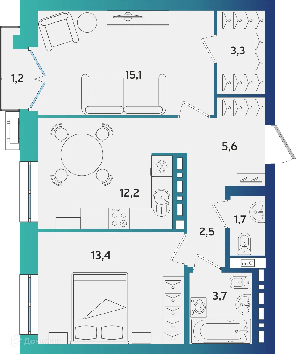 Планировка 2-комнатной квартиры 57.86 м² в ЖК Экополис, г. Альметьевск — фото 1