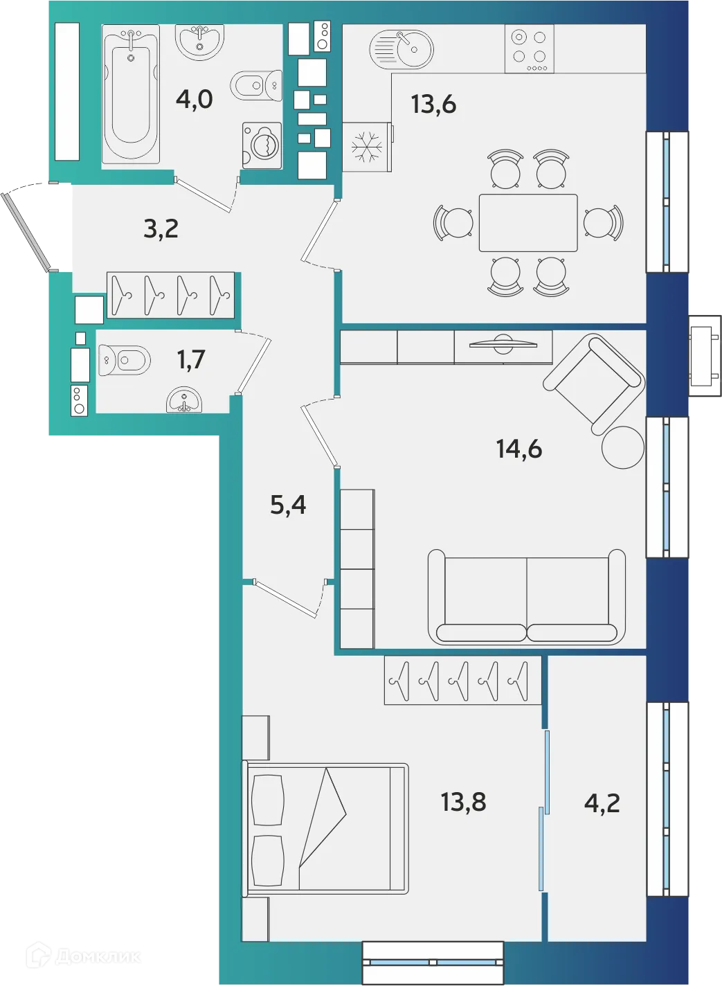 Планировка 2-комнатной квартиры 60.5 м² в ЖК Экополис, г. Альметьевск — фото 1