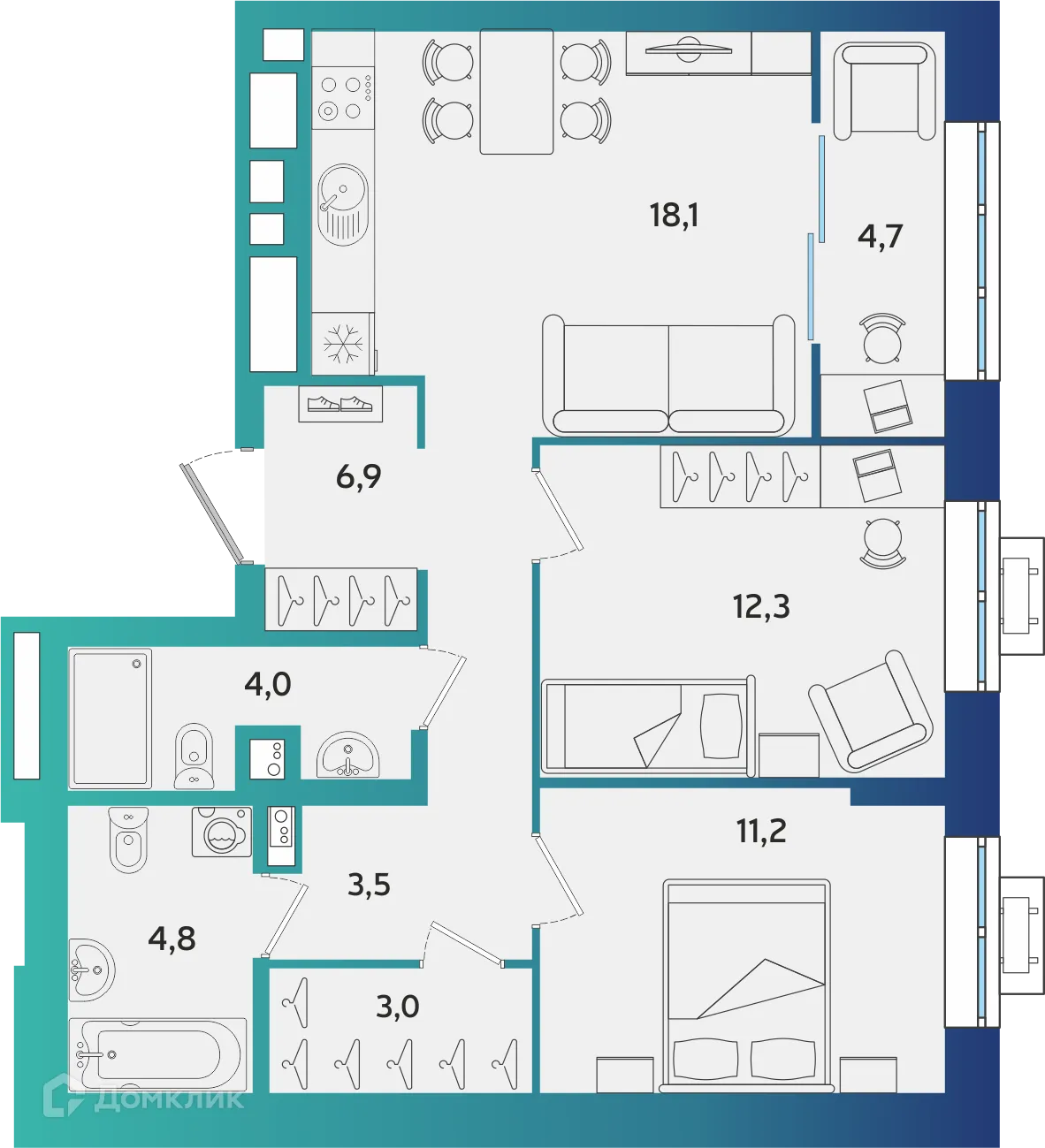 Планировка 2-комнатной квартиры 68.5 м² в ЖК Экополис, г. Альметьевск — фото 1