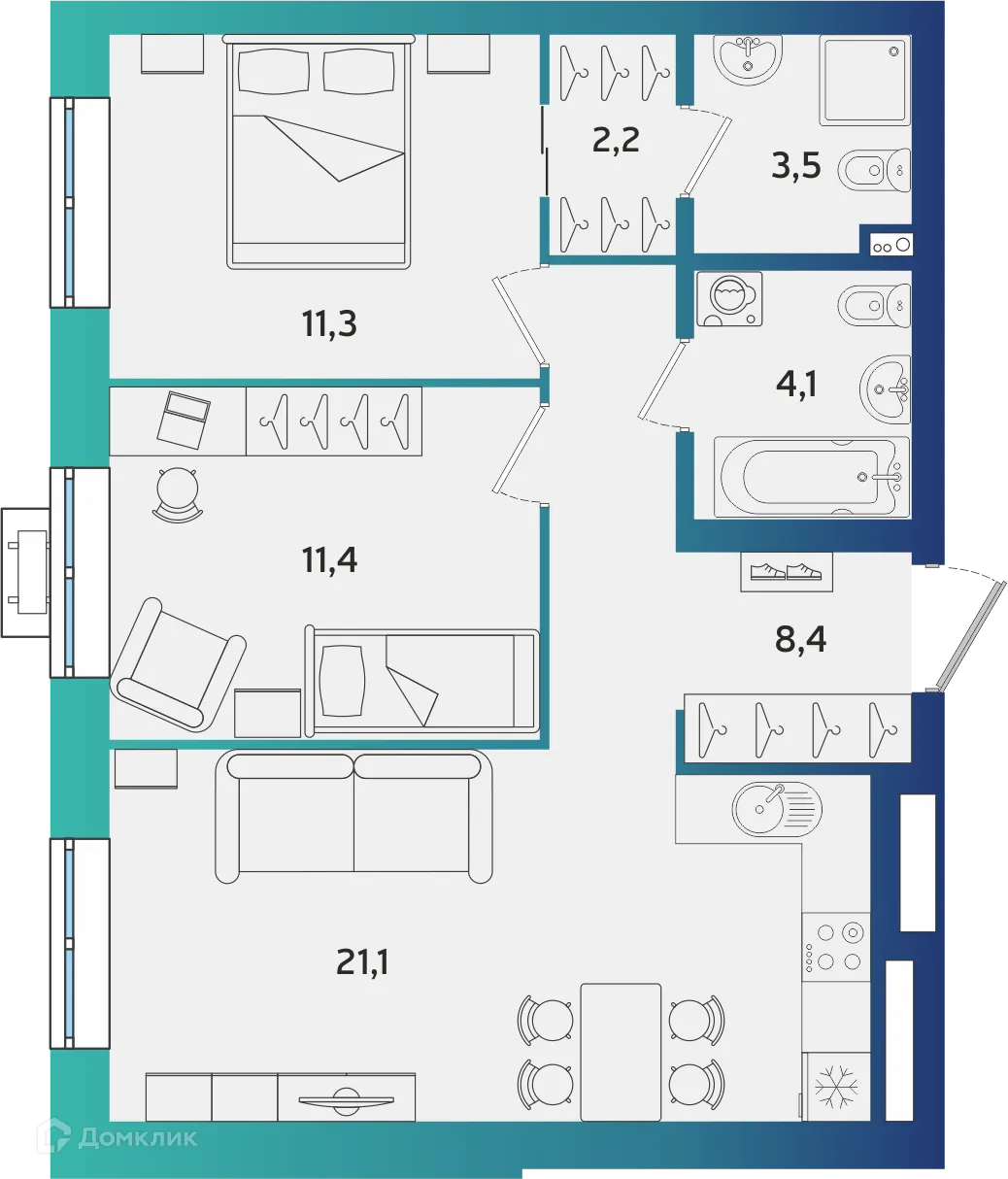 Планировка 2-комнатной квартиры 62 м² в ЖК Экополис, г. Альметьевск — фото 1