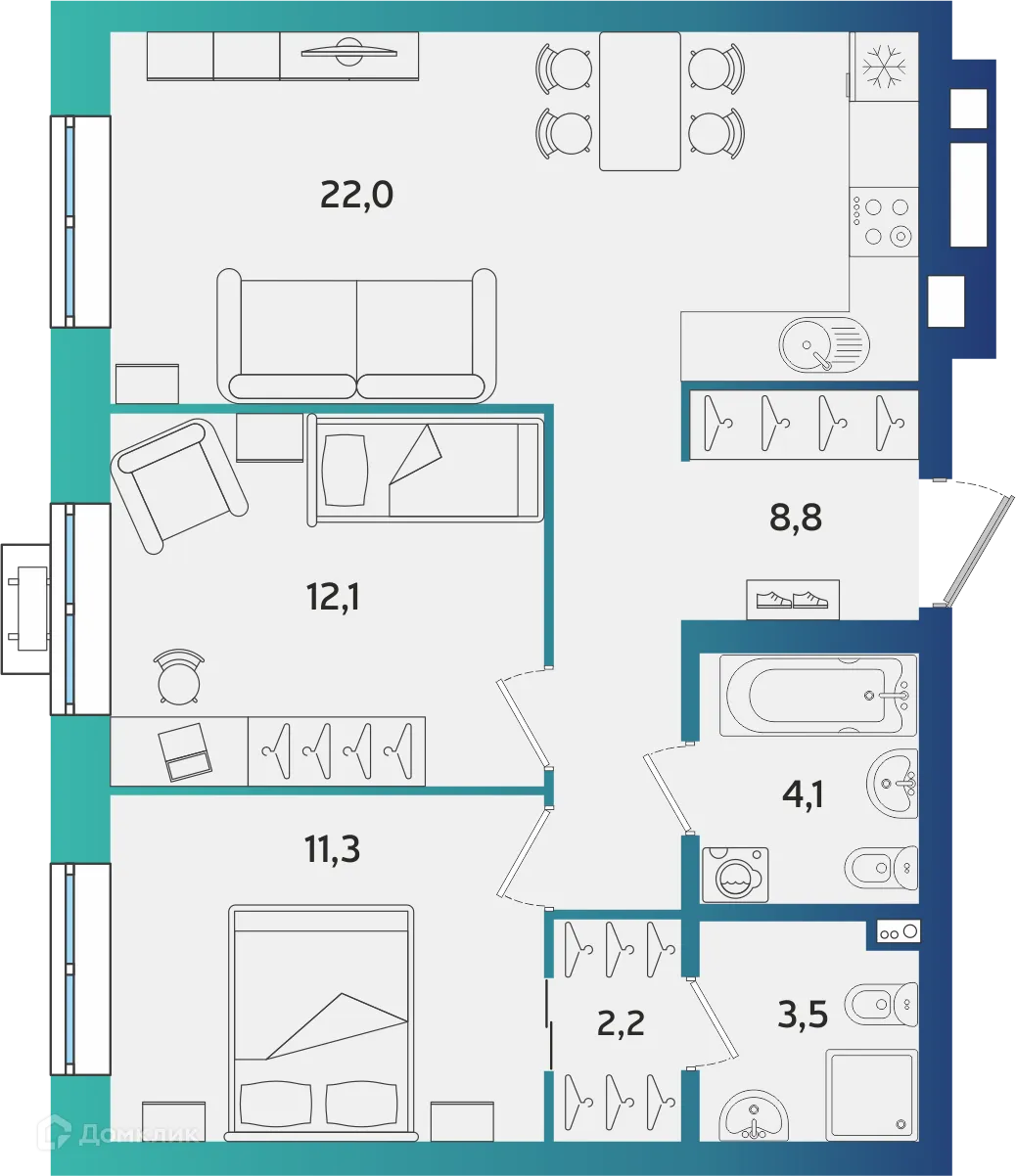 Планировка 2-комнатной квартиры 64 м² в ЖК Экополис, г. Альметьевск — фото 1
