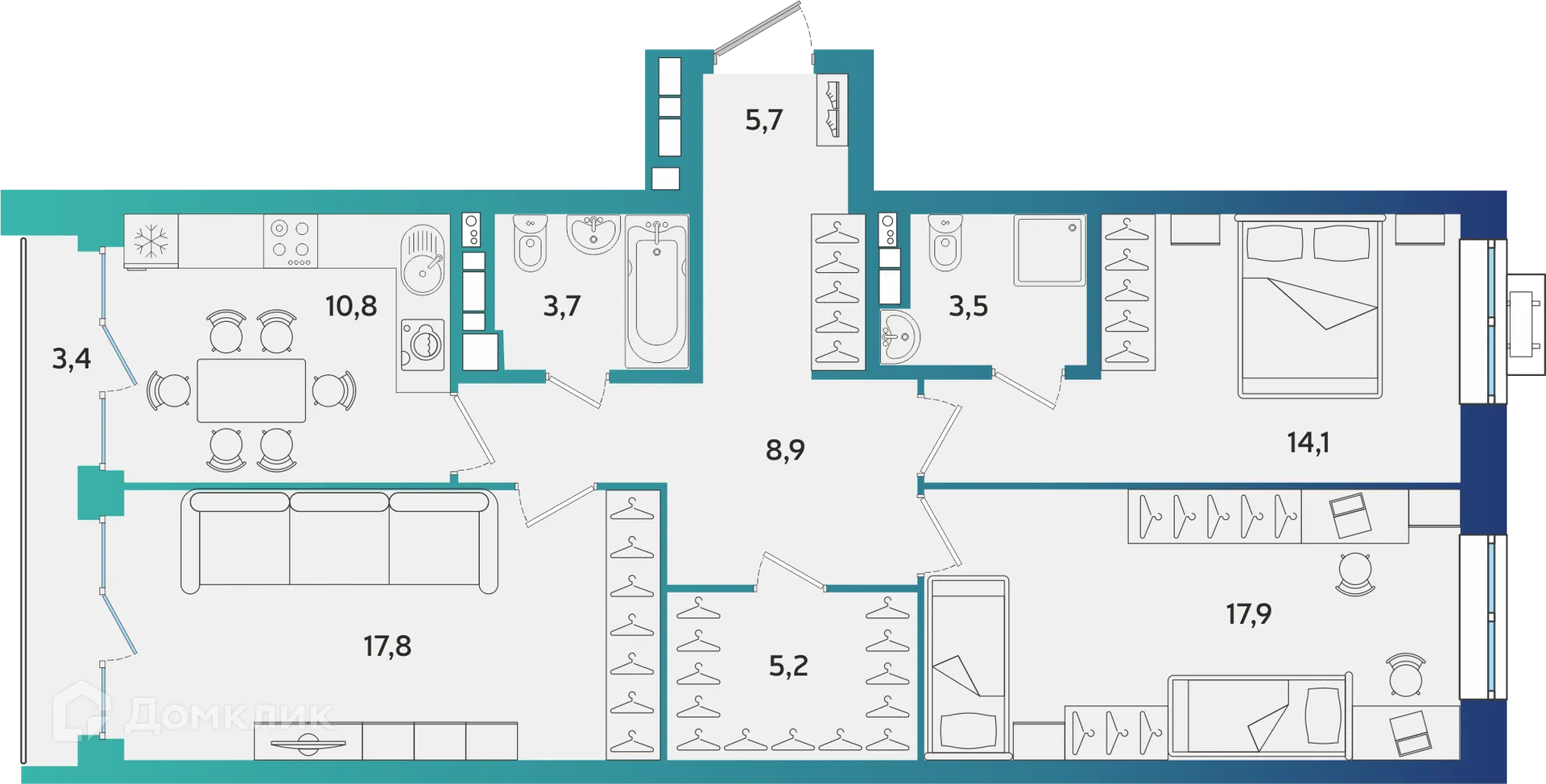 Планировка 3-комнатной квартиры 88.62 м² в ЖК Экополис, г. Альметьевск — фото 1