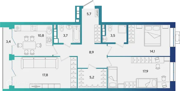 Планировка 3 комн. в ЖК Экополис