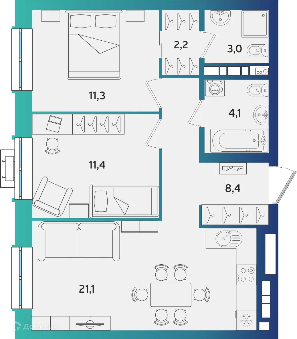 Планировка 2-комнатной квартиры 61.5 м² в ЖК Экополис, г. Альметьевск — фото 1