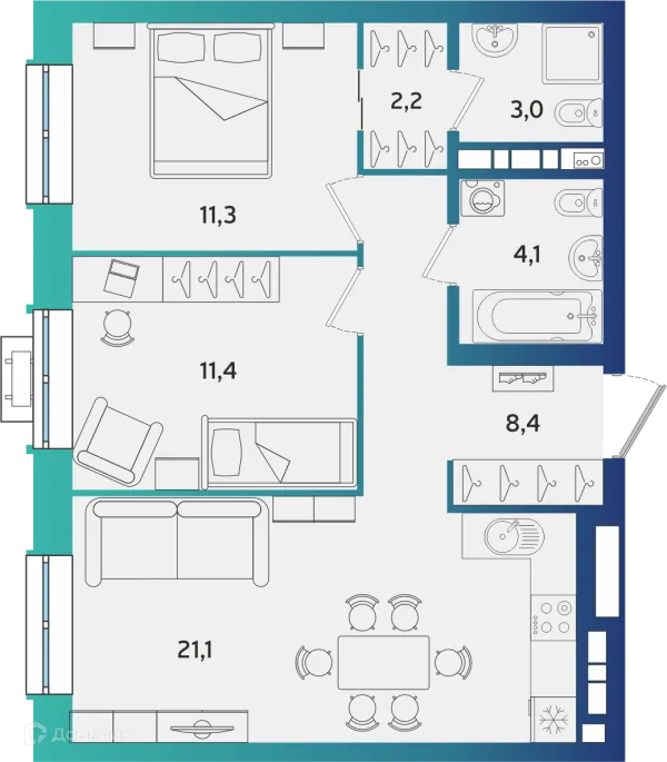 Планировка 2 комн. в ЖК Экополис