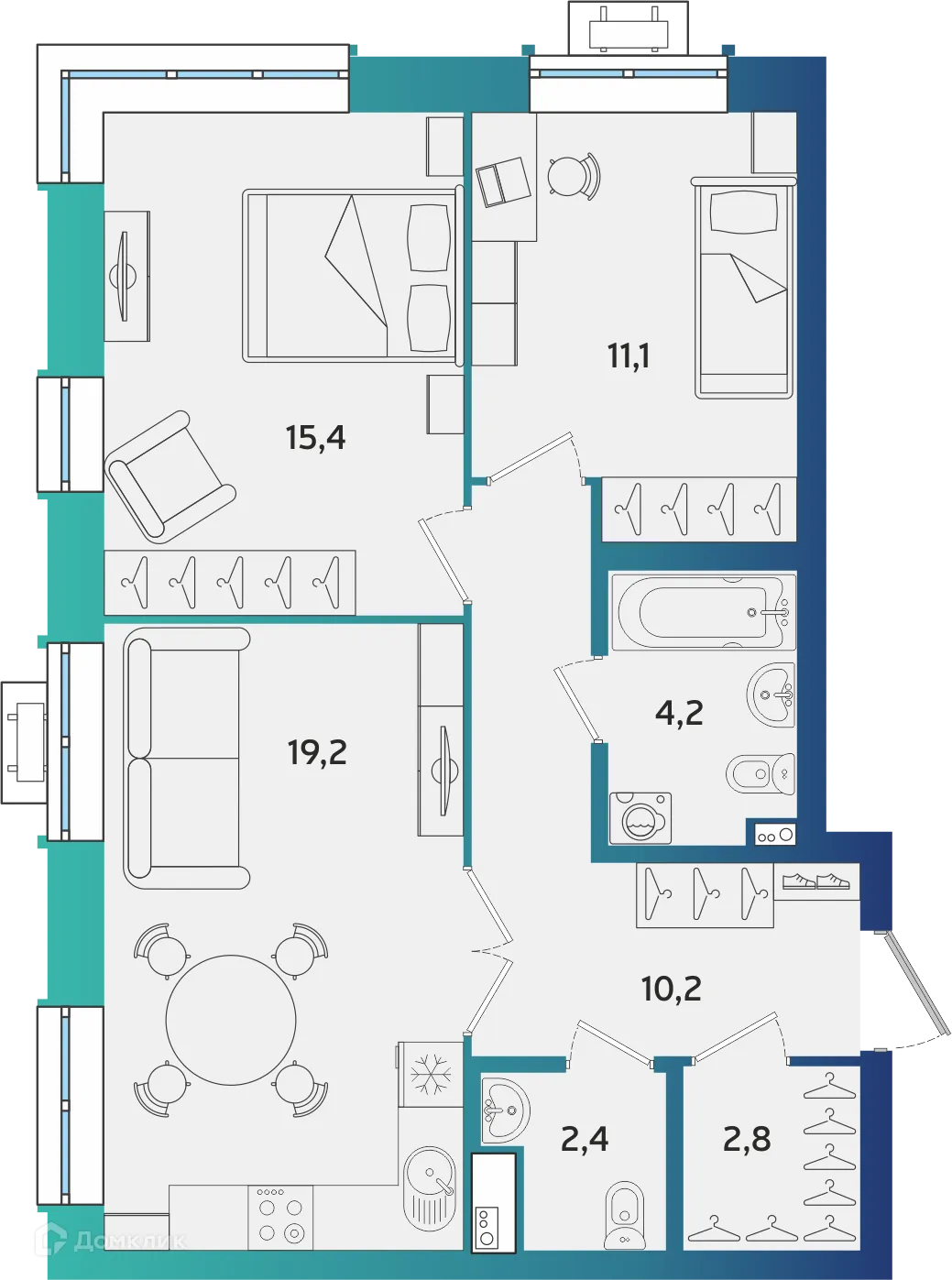 Планировка 2-комнатной квартиры 65.3 м² в ЖК Экополис, г. Альметьевск — фото 1