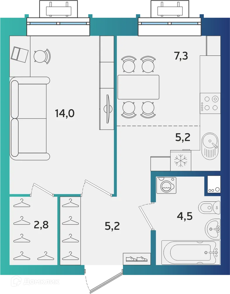 Планировка 2-комнатной квартиры 39 м² в ЖК Экополис, г. Альметьевск — фото 1