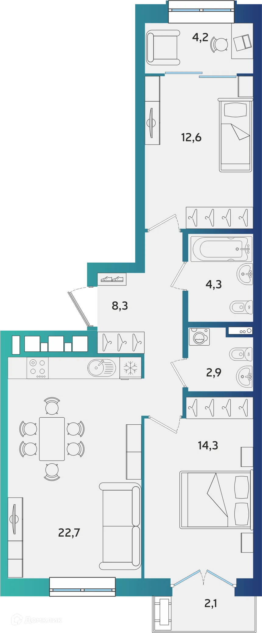 Планировка 2-комнатной квартиры 69.93 м² в ЖК Экополис, г. Альметьевск — фото 1