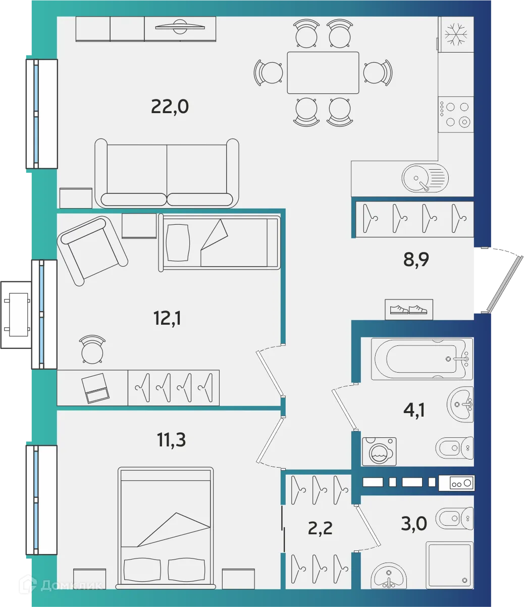 Планировка 2-комнатной квартиры 63.6 м² в ЖК Экополис, г. Альметьевск — фото 1
