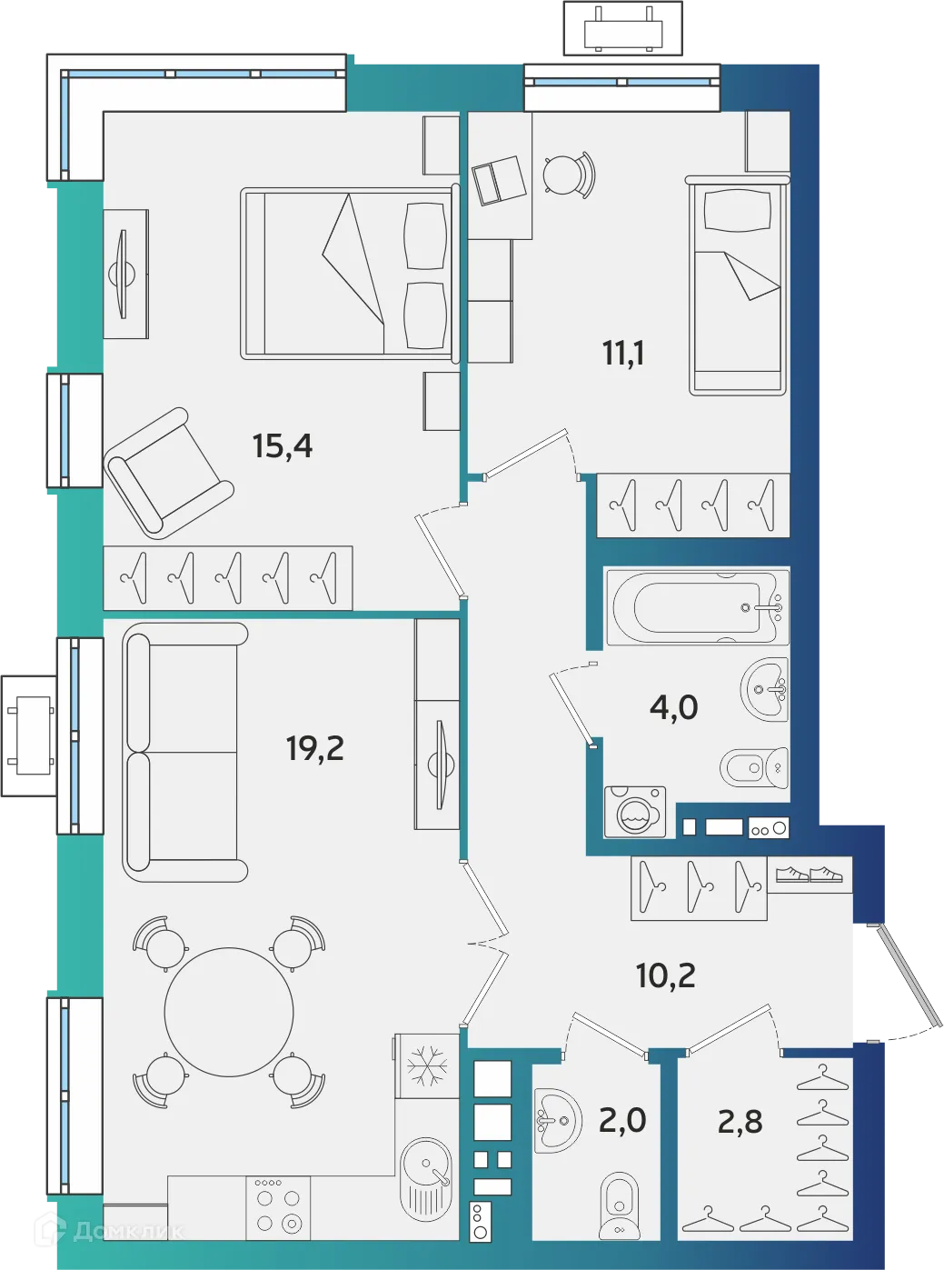 Планировка 2-комнатной квартиры 64.7 м² в ЖК Экополис, г. Альметьевск — фото 1