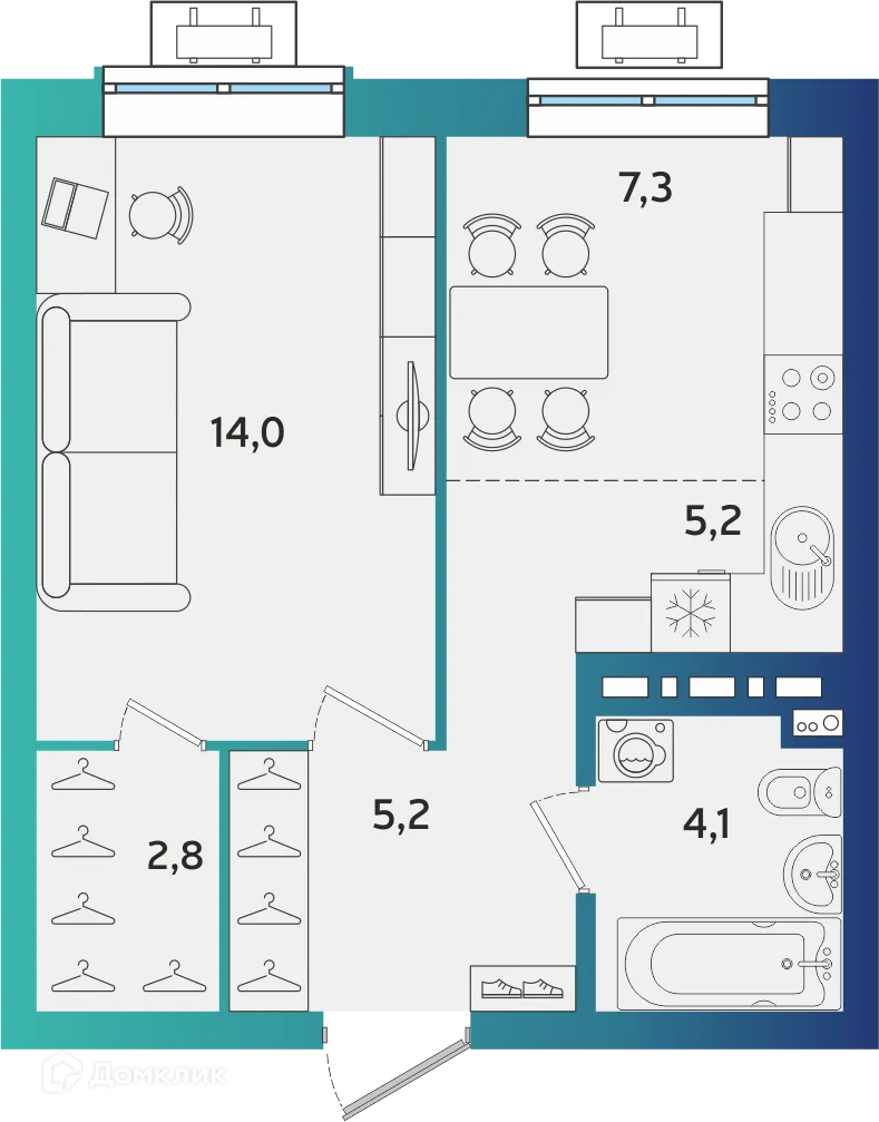 Планировка 2-комнатной квартиры 38.6 м² в ЖК Экополис, г. Альметьевск — фото 1