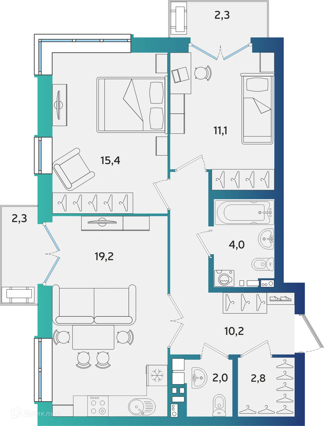 Планировка 2-комнатной квартиры 66.08 м² в ЖК Экополис, г. Альметьевск — фото 1