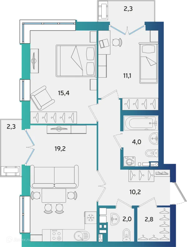 Планировка 2 комн. в ЖК Экополис