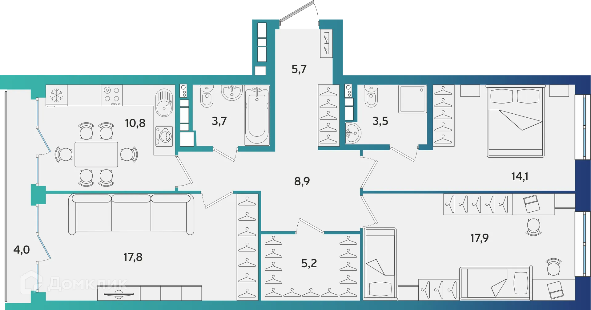 Планировка 3-комнатной квартиры 88.8 м² в ЖК Экополис, г. Альметьевск — фото 1