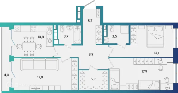 Планировка 3 комн. в ЖК Экополис