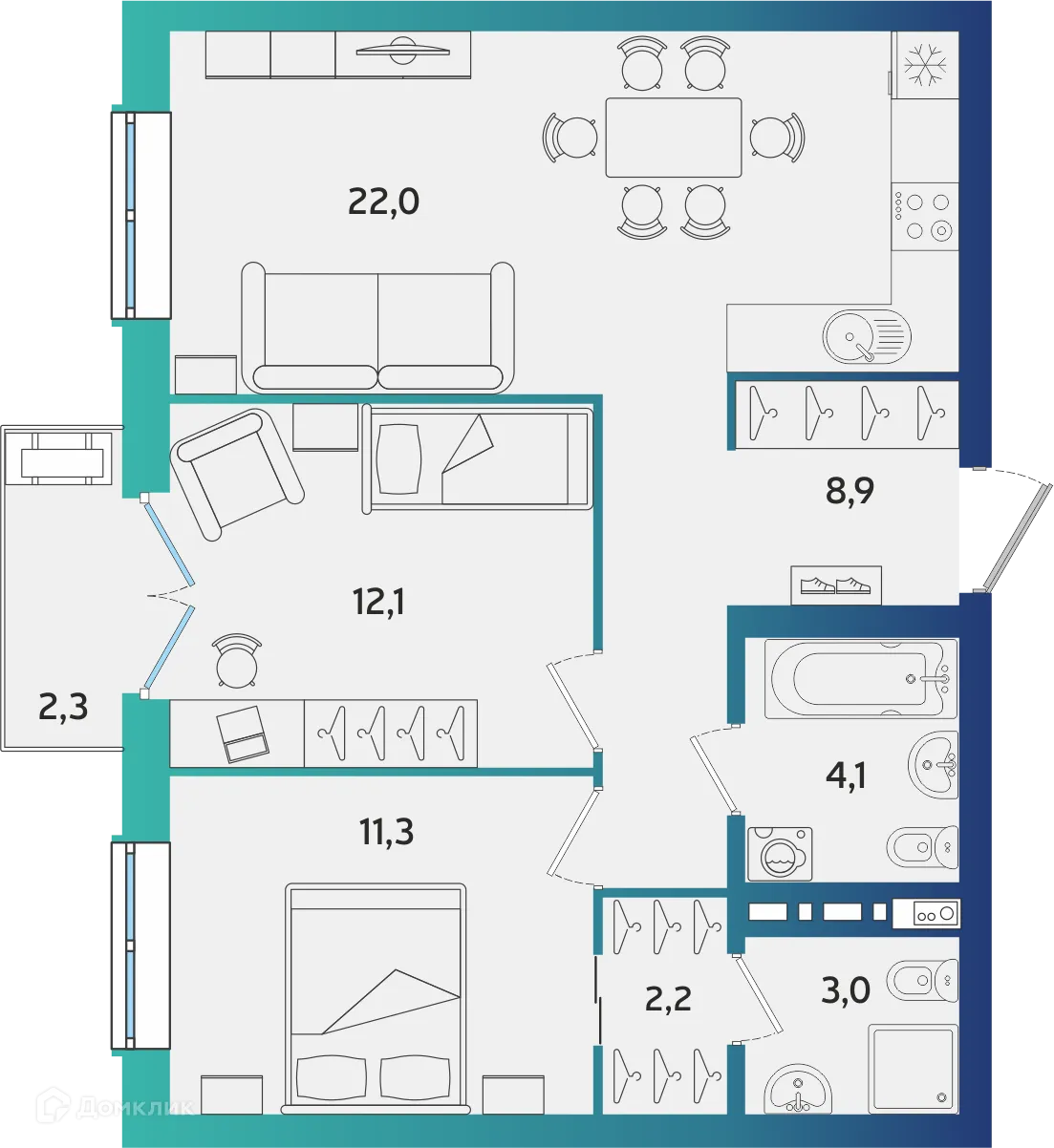 Планировка 2-комнатной квартиры 64.29 м² в ЖК Экополис, г. Альметьевск — фото 1