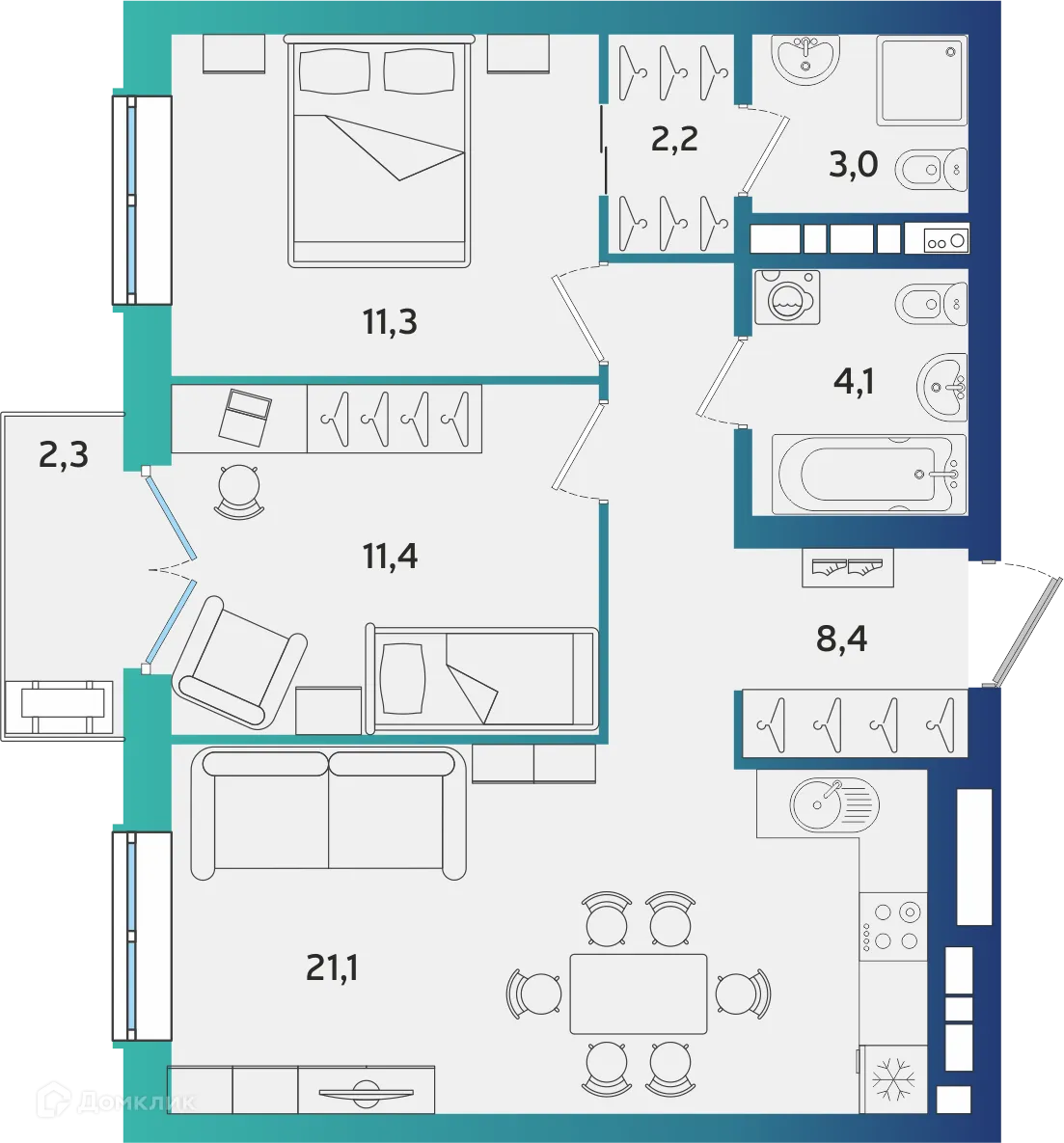 Планировка 2-комнатной квартиры 62.19 м² в ЖК Экополис, г. Альметьевск — фото 1