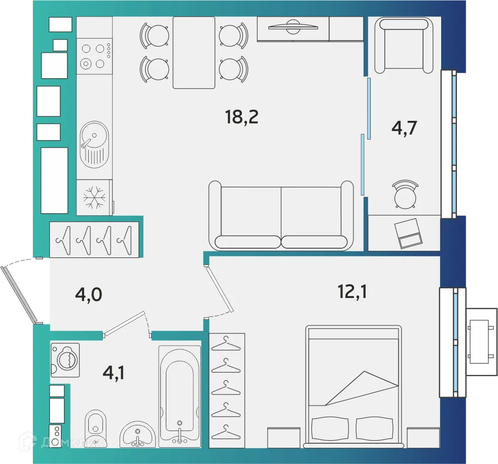 Планировка 1-комнатной квартиры 43.1 м² в ЖК Экополис, г. Альметьевск — фото 1