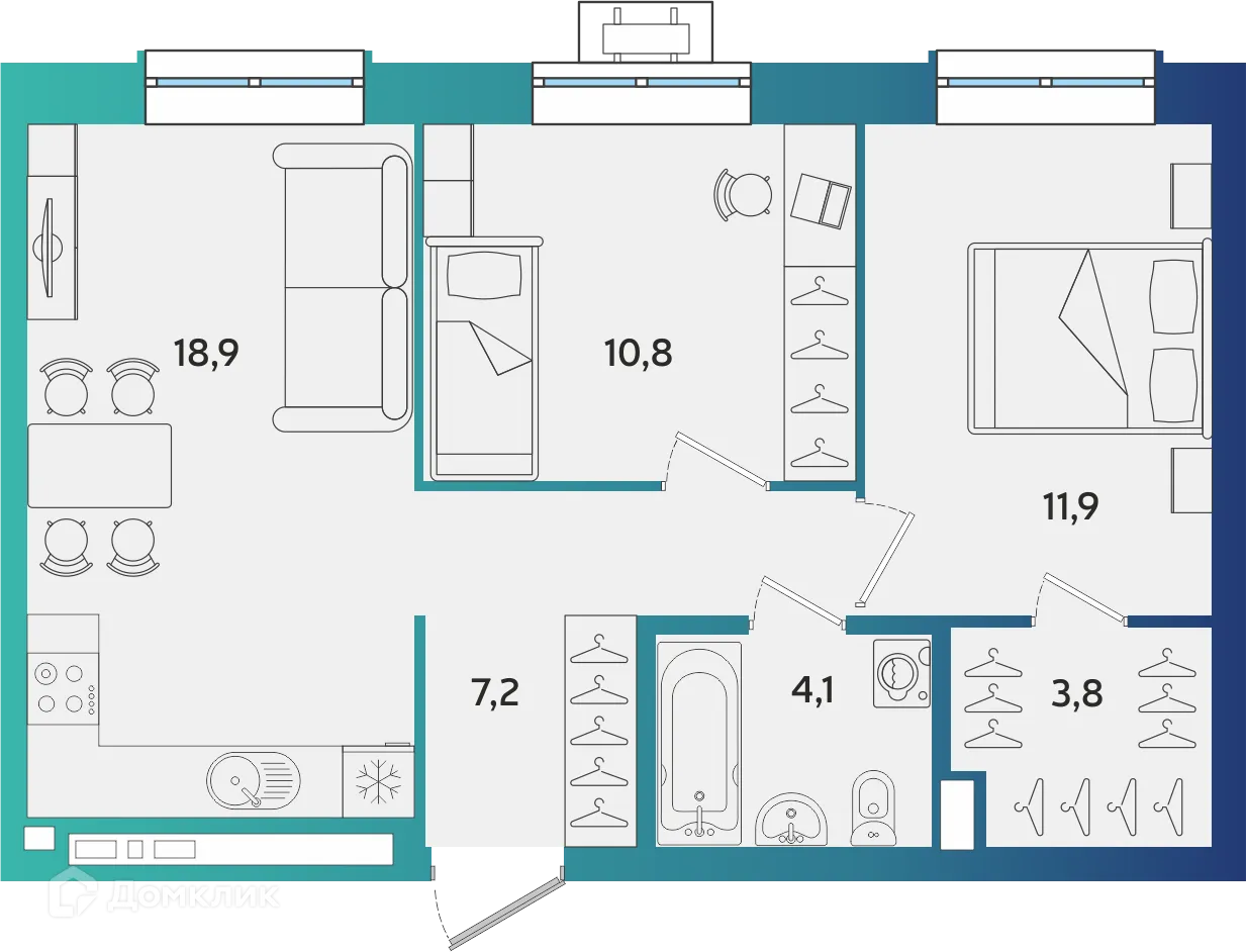 Планировка 2-комнатной квартиры 56.7 м² в ЖК Экополис, г. Альметьевск — фото 1