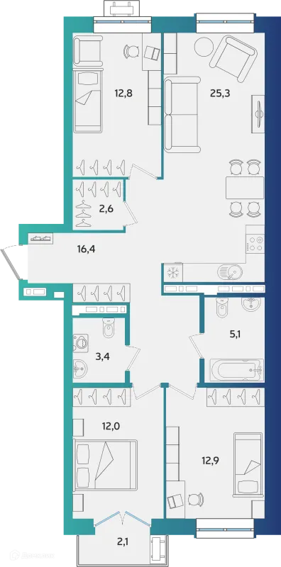 Планировка 3 комн. в ЖК Экополис