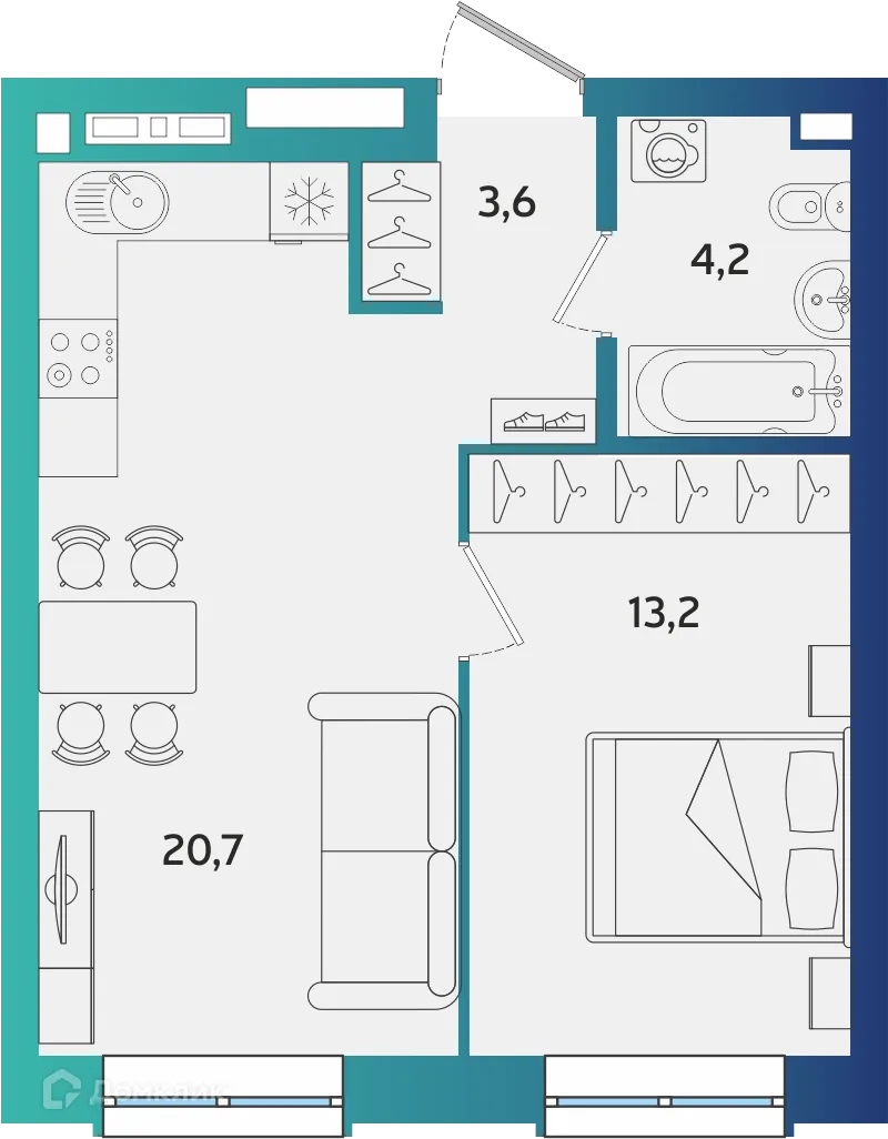 Планировка 1-комнатной квартиры 41.7 м² в ЖК Экополис, г. Альметьевск — фото 1