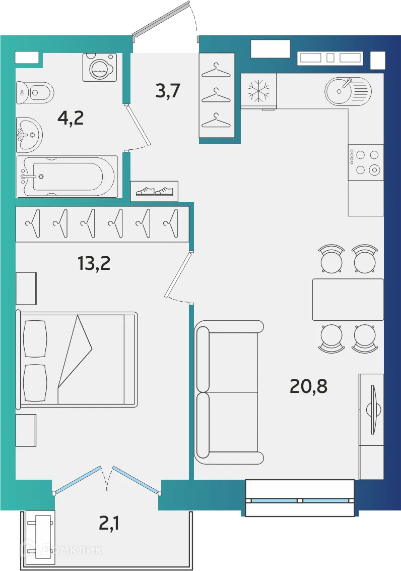 Планировка 1-комнатной квартиры 42.53 м² в ЖК Экополис, г. Альметьевск — фото 1