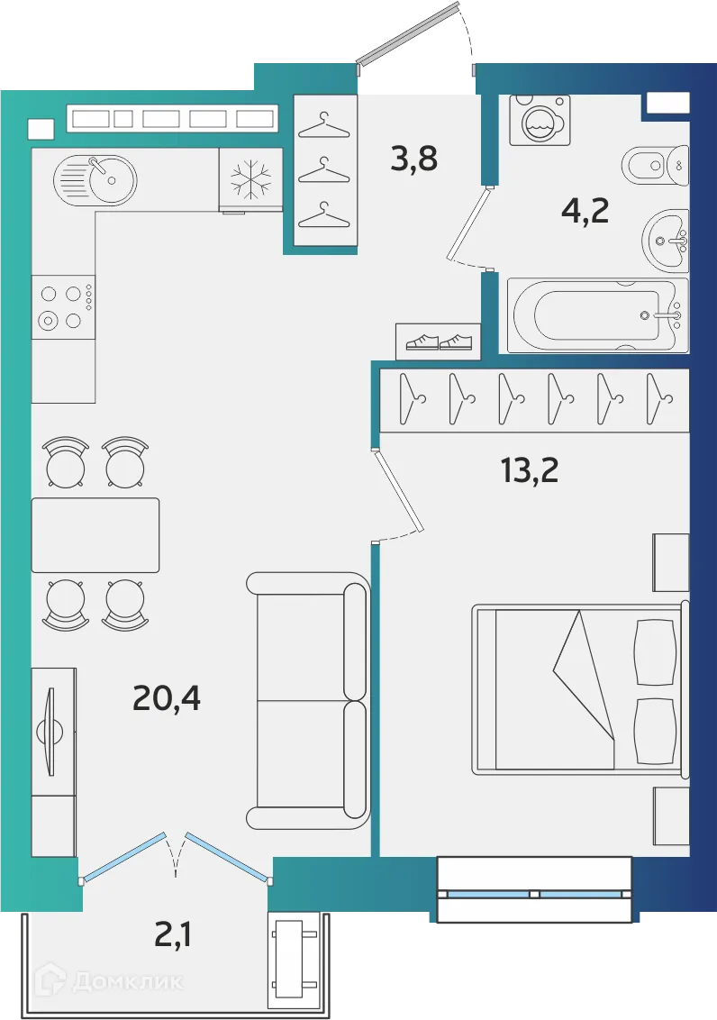 Планировка 1-комнатной квартиры 42.23 м² в ЖК Экополис, г. Альметьевск — фото 1