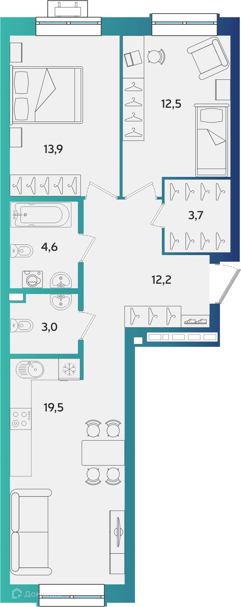 Планировка 2-комнатной квартиры 69.4 м² в ЖК Экополис, г. Альметьевск — фото 1