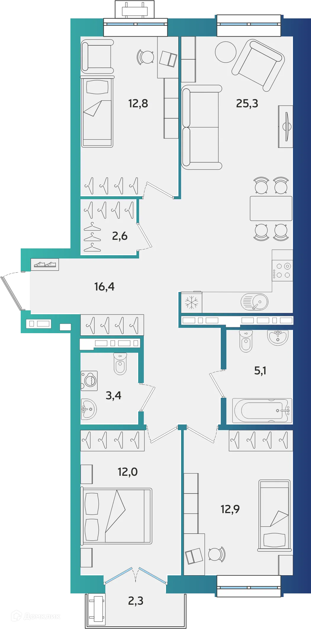 Планировка 3-комнатной квартиры 91.19 м² в ЖК Экополис, г. Альметьевск — фото 1