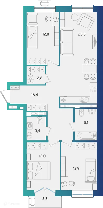 Планировка 3 комн. в ЖК Экополис