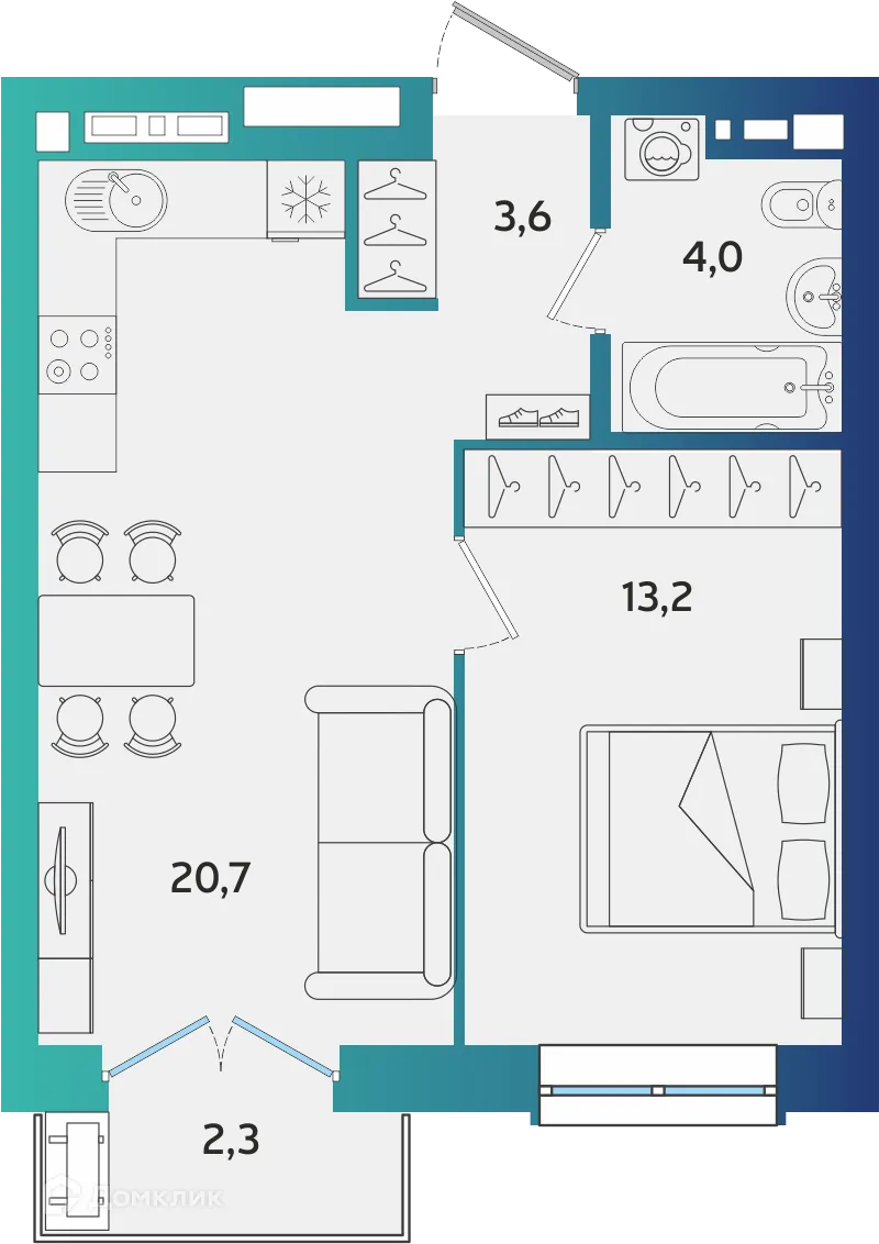 Планировка 1-комнатной квартиры 42.19 м² в ЖК Экополис, г. Альметьевск — фото 1
