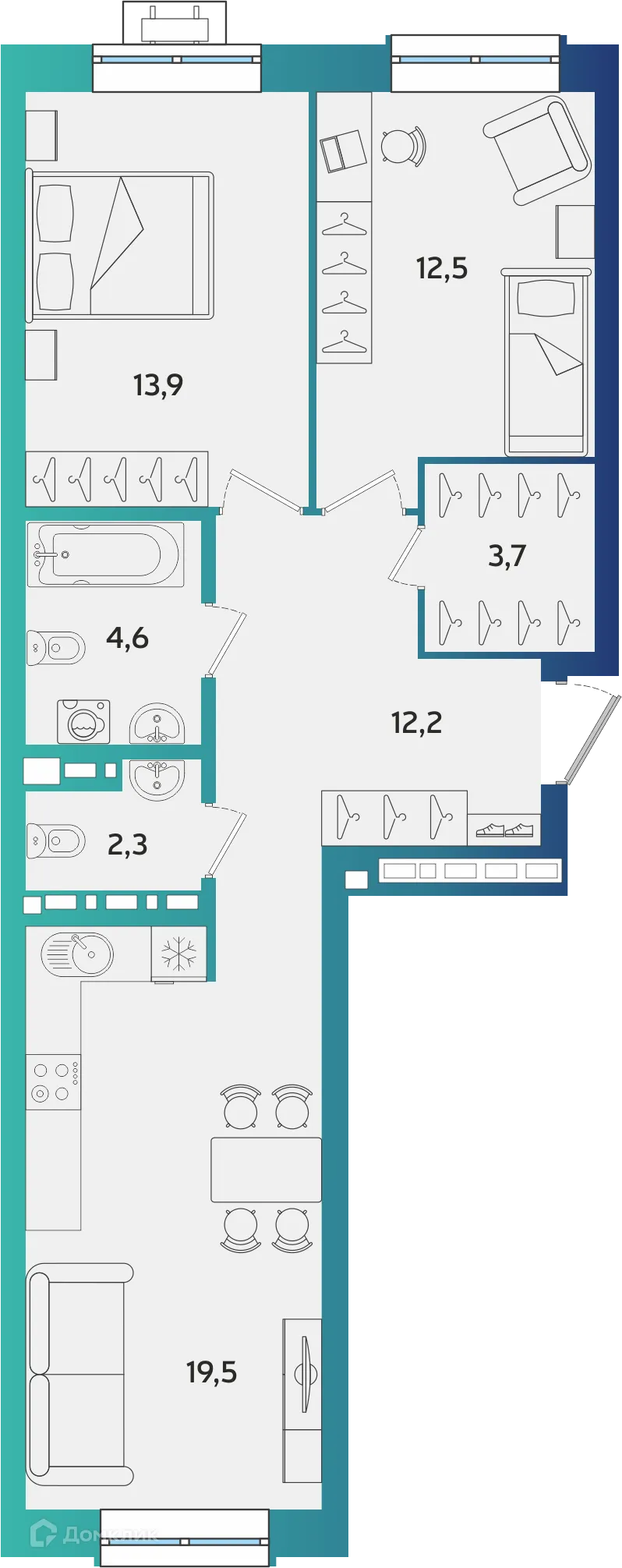 Планировка 2-комнатной квартиры 68.7 м² в ЖК Экополис, г. Альметьевск — фото 1