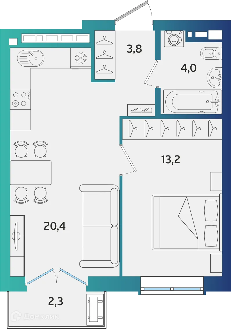 Планировка 1-комнатной квартиры 42.09 м² в ЖК Экополис, г. Альметьевск — фото 1
