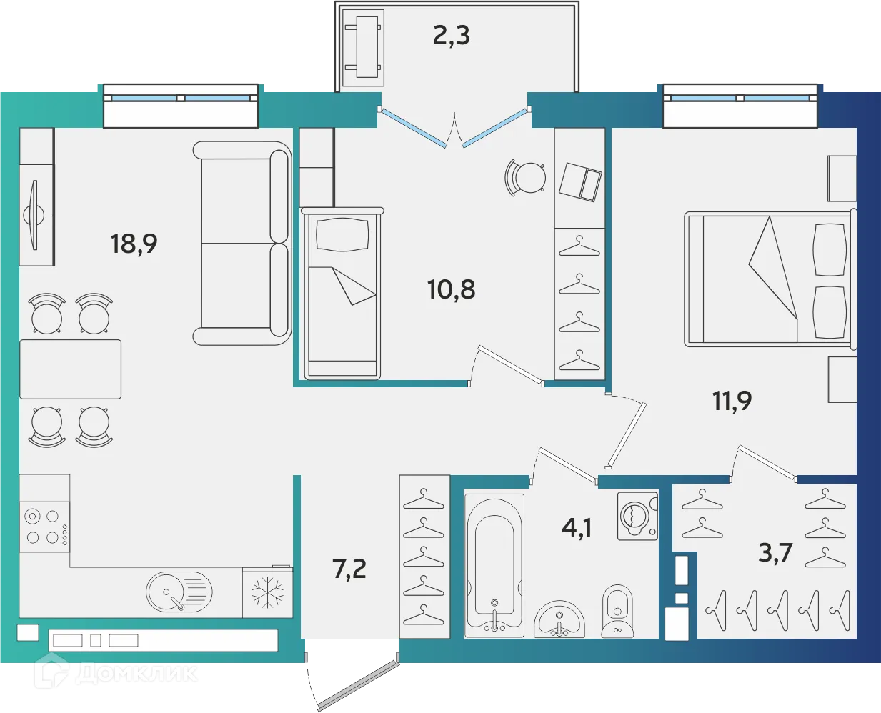 Планировка 2-комнатной квартиры 57.29 м² в ЖК Экополис, г. Альметьевск — фото 1