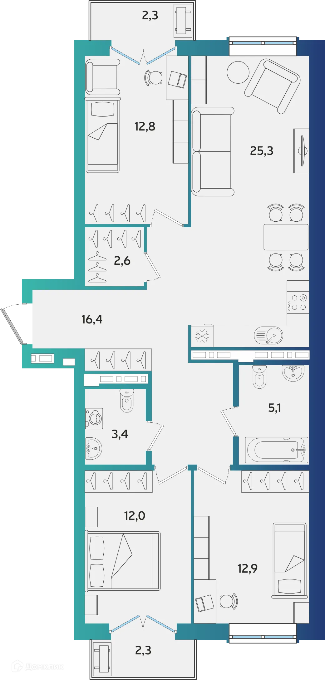 Планировка 3-комнатной квартиры 91.88 м² в ЖК Экополис, г. Альметьевск — фото 1