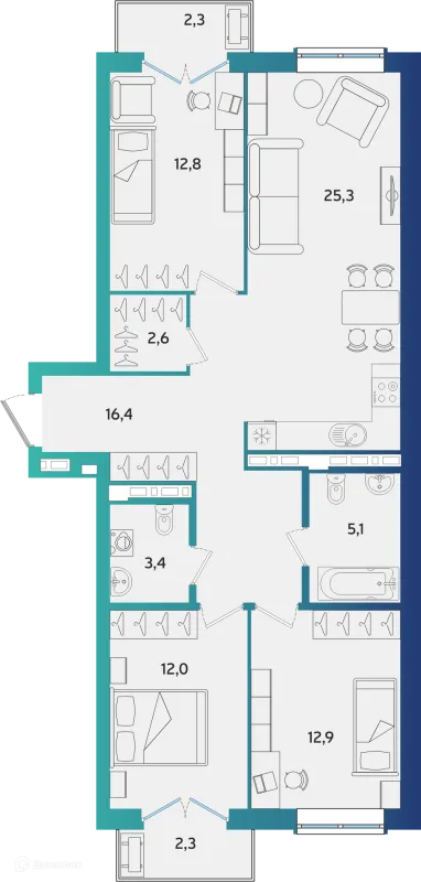 Планировка 3 комн. в ЖК Экополис
