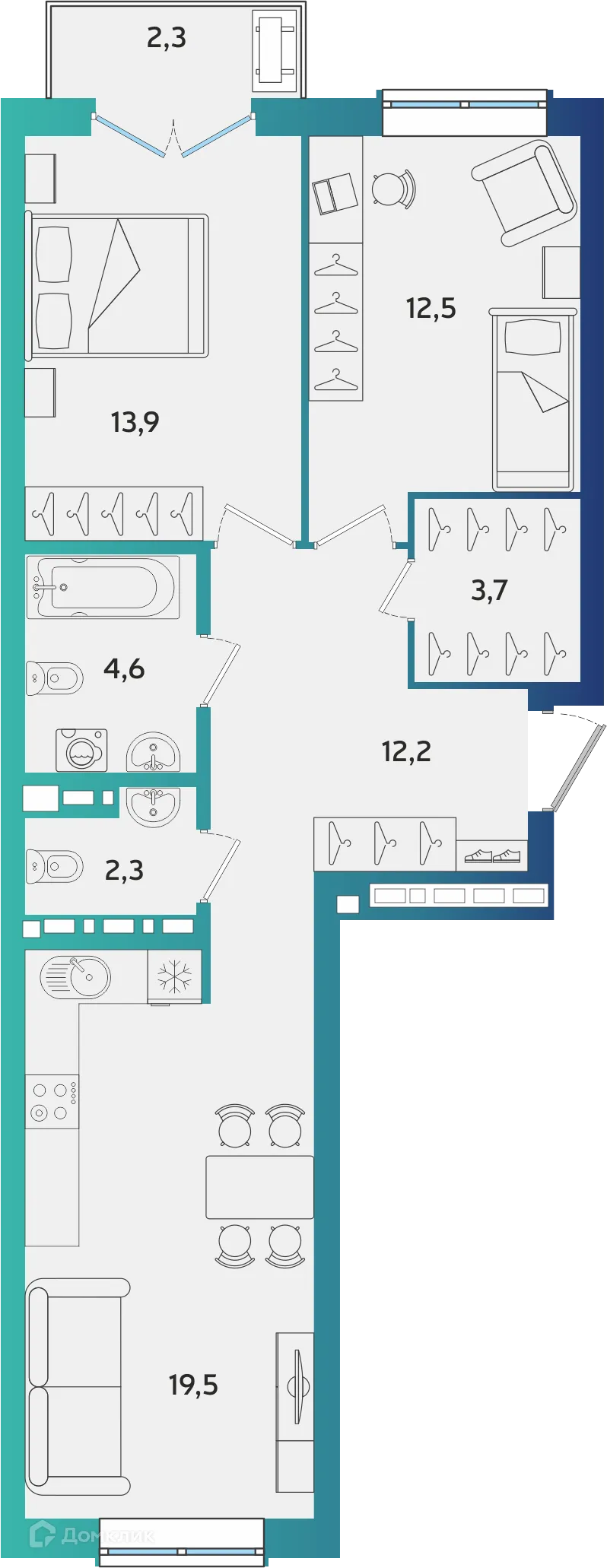 Планировка 2-комнатной квартиры 69.39 м² в ЖК Экополис, г. Альметьевск — фото 1