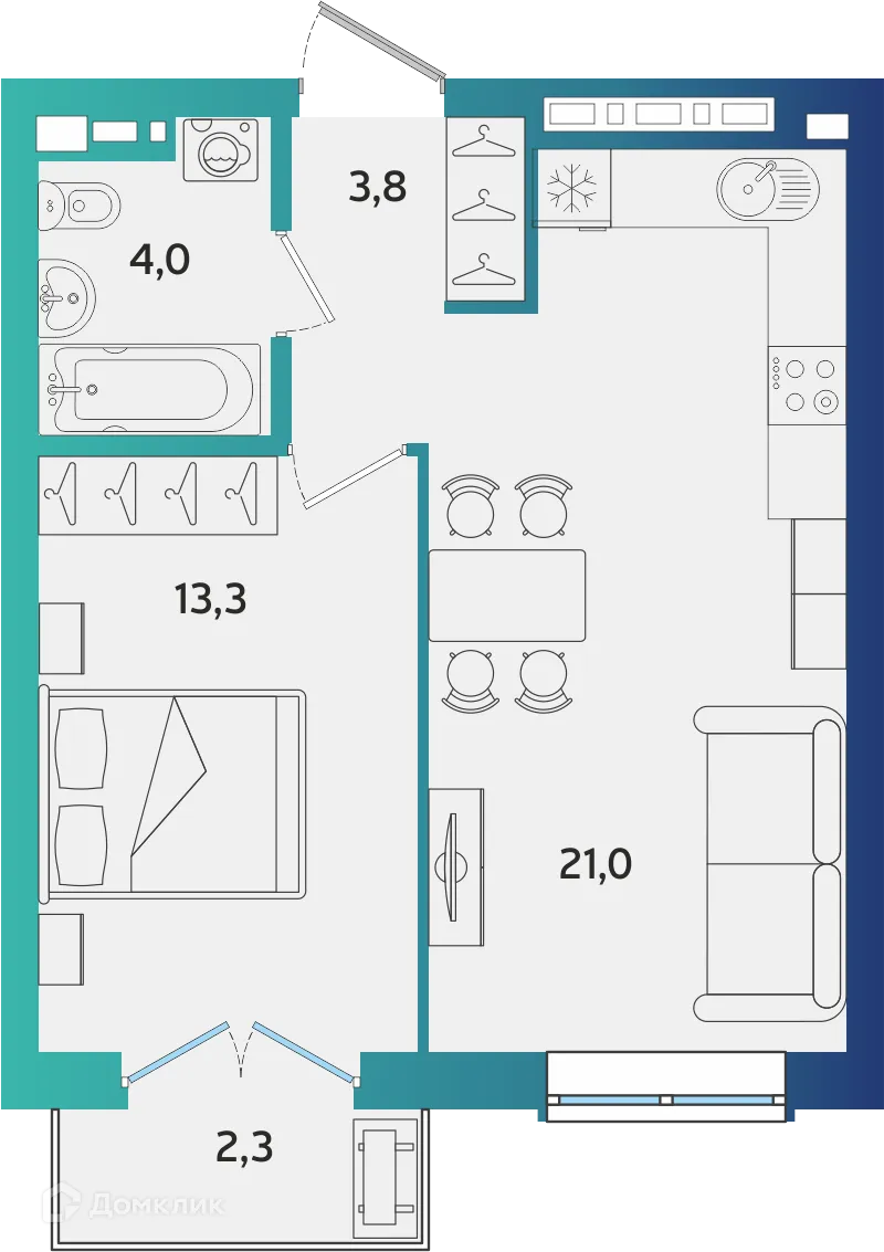 Планировка 1-комнатной квартиры 42.79 м² в ЖК Экополис, г. Альметьевск — фото 1