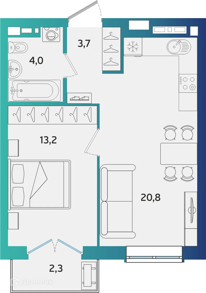 Планировка 1-комнатной квартиры 42.39 м² в ЖК Экополис, г. Альметьевск — фото 1