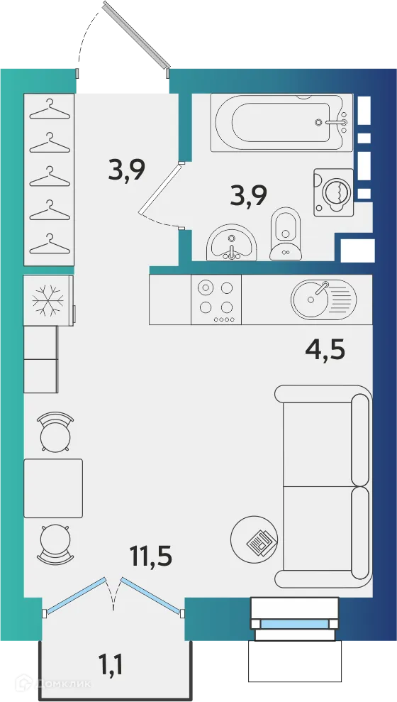 Планировка 1-комнатной квартиры 24.03 м² в ЖК Экополис, г. Альметьевск — фото 1