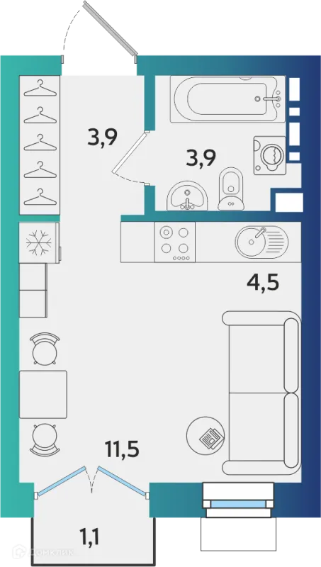Планировка 1 комн. в ЖК Экополис