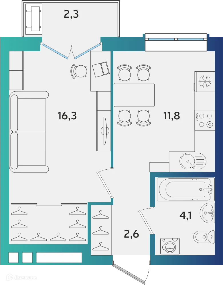 Планировка 1-комнатной квартиры 35.49 м² в ЖК Экополис, г. Альметьевск — фото 1