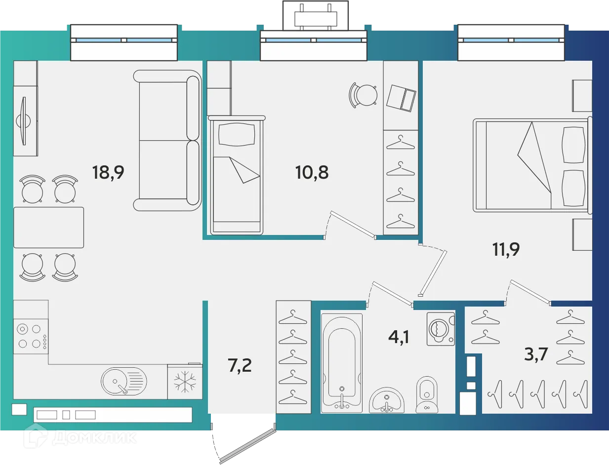 Планировка 2-комнатной квартиры 56.6 м² в ЖК Экополис, г. Альметьевск — фото 1