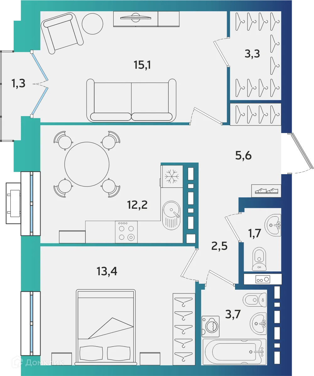 Планировка 2-комнатной квартиры 57.89 м² в ЖК Экополис, г. Альметьевск — фото 1