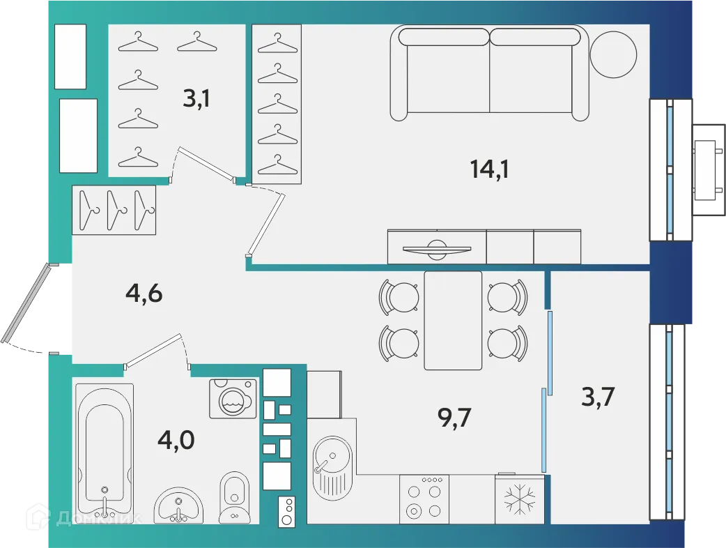 Планировка 1-комнатной квартиры 39.2 м² в ЖК Экополис, г. Альметьевск — фото 1