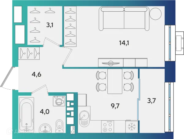 Планировка 1 комн. в ЖК Экополис